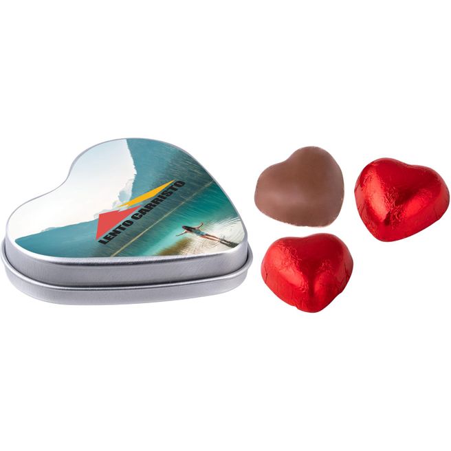 Herzförmige Dose mit Schokoladenherzen