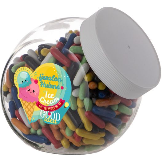 Produktabbildung Medium Glas 0,9 Liter gefüllt mit Süßigkeiten Medium Glas 0,9 Liter gefüllt mit Süßigkeiten (Bild 1)