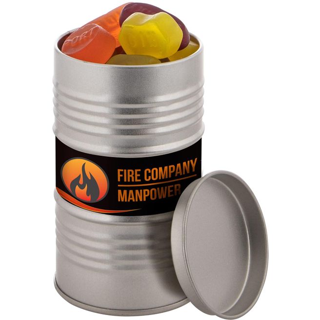 Ölfass, gefüllt mit Süßigkeiten