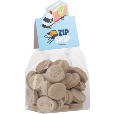 Blockbeutel mit Headerkarte in Ihrer eigenen Form und 100 Gramm Süßigkeiten