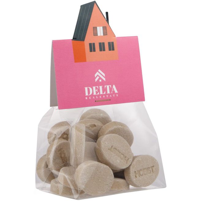 Blockbeutel mit Headerkarte in Ihrer eigenen Form und 50 Gramm Süßigkeiten