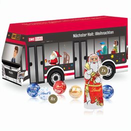 Produktabbildung 3D Präsent "Bus" mit Lindt Minis und Nikolaus 3D Präsent "Bus" mit Lindt Minis und Nikolaus