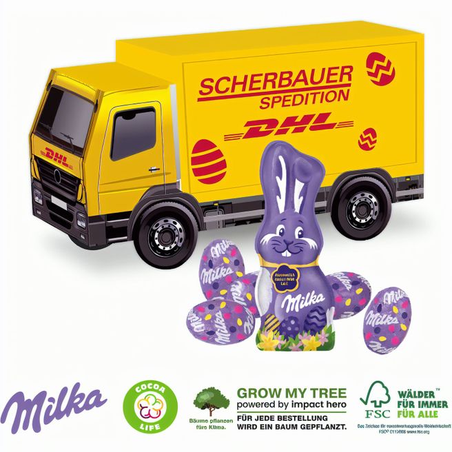Produktabbildung 3D Präsent LKW Ostern mit Schokoladenmischung von Milka 3D Präsent LKW Ostern mit Schokoladenmischung von Milka