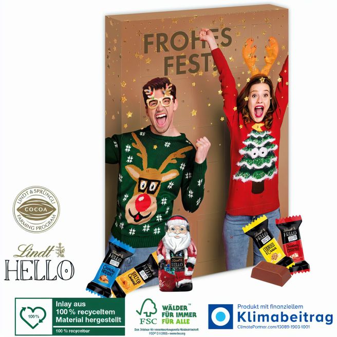 Adventskalender Lindt „HELLO“ Mini Stick Mix mit Santa, Inlay aus 100% recyceltem Material