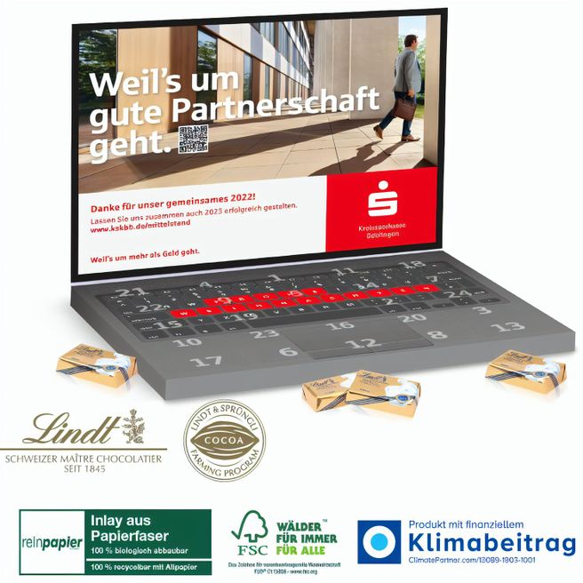 Adventskalender „Laptop“ Lindt Organic mit Lindt Schokotäfelchen