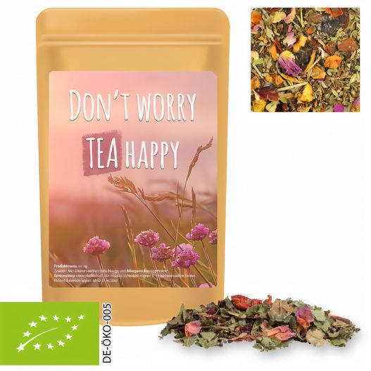 Produktabbildung Bio Kräutertee Glücksgefühle, ca. 15g, Standbeutel Mini Bio Kräutertee Glücksgefühle, ca. 15g, Standbeutel Mini (Bild 1)