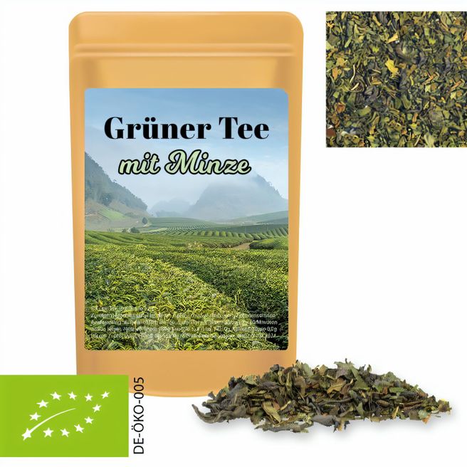 Bio Grüner Tee mit Minze, ca. 12g, Standbeutel Mini