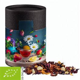 Bio Früchtetee gute Laune, ca. 50g, Kraftpapierdose Midi schwarz