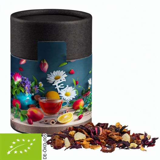 Produktabbildung Bio Früchtetee gute Laune, ca. 50g, Kraftpapierdose Midi schwarz Bio Früchtetee gute Laune, ca. 50g, Kraftpapierdose Midi schwarz (Bild 1)