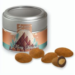 Schokomandeln mit Zimt, ca. 60g, Metalldose Mini mit Sichtfenster silber