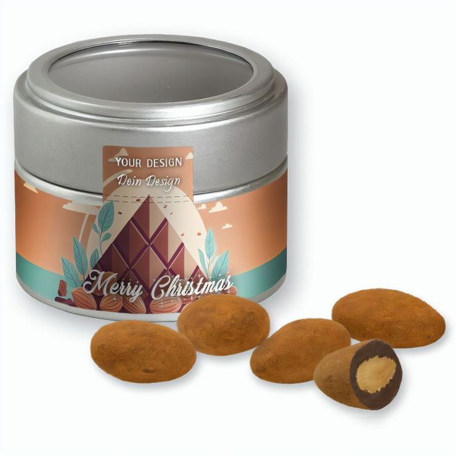Schokomandeln mit Zimt, ca. 60g, Metalldose Mini mit Sichtfenster silber