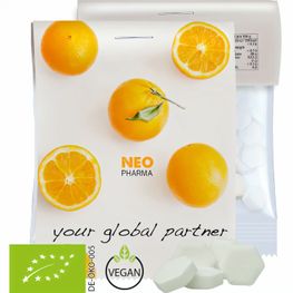 Bio Traubenzucker Orange Drops, ca. 15g, Express Midi-Tüte mit Werbereiter