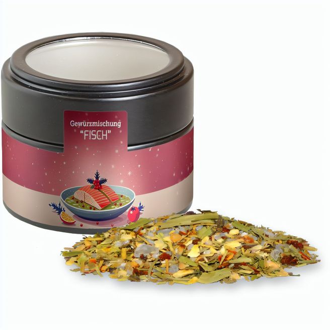 Produktabbildung Weihnachts Gewürzmischung Fisch, ca. 55g, Metalldose Mini mit Sichtfenster schwarz Weihnachts Gewürzmischung Fisch, ca. 55g, Metalldose Mini mit Sichtfenster schwarz