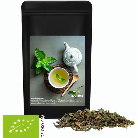 Bio Grüner Tee mit Minze, ca. 30g, Standbeutel Midi schwarz (Bild 1)