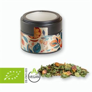 Bio Kräutertee Glücksgefühle, ca. 25g, Metalldose Mini mit Sichtfenster schwarz