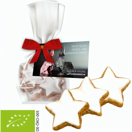 Produktabbildung Bio Zimtsterne, ca. 50g, Express Standbeutel Mini mit Schleife mit Werbekarte Bio Zimtsterne, ca. 50g, Express Standbeutel Mini mit Schleife mit Werbekarte (Bild 1)