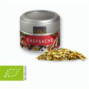 Bio Weihnachts Gewürzmischung Chefsache, ca. 50g, Metalldose Mini mit Sichtfenster silber