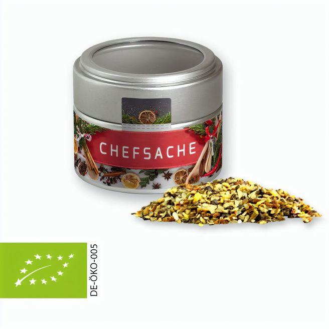 Bio Weihnachts Gewürzmischung Chefsache, ca. 50g, Metalldose Mini mit Sichtfenster silber
