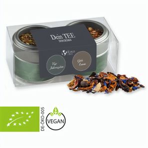 Verschiedene Teesorten, Bio und nicht-Bio, ca. 30-70g, Metalldose Mini mit Sichtfenster im 2er Set