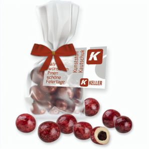 Johannisbeeren in weißer Schokolade, ca. 30g, Express Flachbeutel Maxi mit Schleife mit Werbekarte