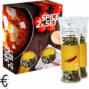 verschiedene Gewürzmischungen Bio und nicht Bio (Kategorie 1), 70-160g, 2er Set Glas mit Kunststoffmahlwerk in Faltschachtel