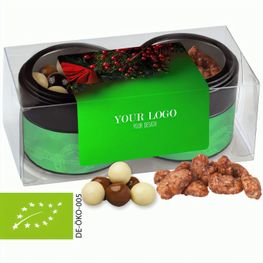 Bio Knusper Weihnachtsset mit feuergebrannten Mandeln und Knusperkugeln im MIx, ca. 105g, Metalldose Mini mit Sichtfenster im 2er Set