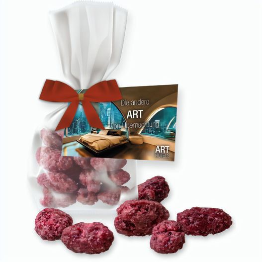 Gebrannte Mandeln Himbeere, ca. 30g, Express Flachbeutel mit Schleife mit Werbekarte (Bild 1)