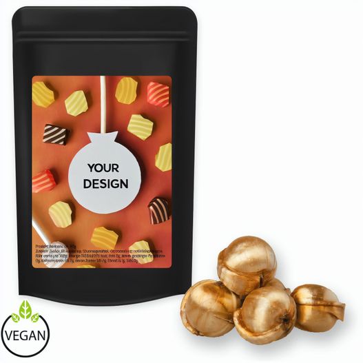 Produktabbildung Goldnüsse Bonbons, ca. 80g, Standbeutel Midi schwarz Goldnüsse Bonbons, ca. 80g, Standbeutel Midi schwarz (Bild 1)
