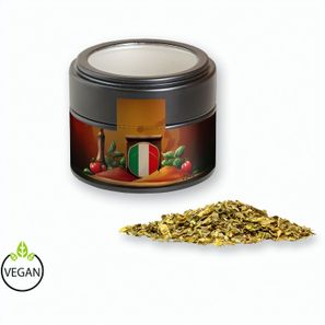 Gewürzmischung Pizza-Kräuter, ca. 16g, Metalldose Mini mit Sichtfenster schwarz