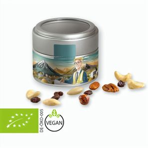 Bio Studentenfutter, ca. 60g, Metalldose Mini mit Sichtfenster silber