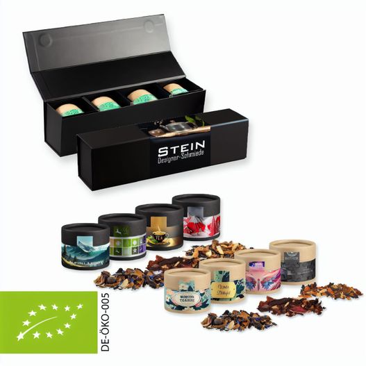 Verschiedene Weihnachts Teesorten, Bio und nicht-Bio, ca. 80-120g, Geschenk-Set Premium schwarz mit Magnetverschluss und 4 Kraftpapierdosen Mini (Bild 1)