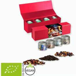 Verschiedene Teesorten, Bio und nicht-Bio, ca. 60-140g, Geschenk-Set Premium rot mit Magnetverschluss und 4 Metalldosen Mini mit Sichtfenste