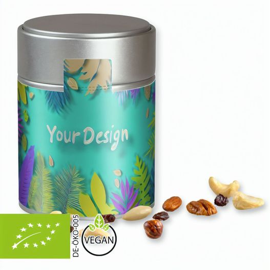 Produktabbildung Bio Studentenfutter, ca. 100g, Metalldose Midi silber Bio Studentenfutter, ca. 100g, Metalldose Midi silber (Bild 1)