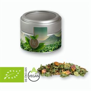 Bio Kräutertee Glücksgefühle, ca. 25g, Metalldose Mini mit Sichtfenster silber