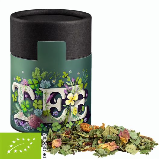 Produktabbildung Bio Kräutertee Glücksgefühle, ca. 30g, Kraftpapierdose Midi schwarz Bio Kräutertee Glücksgefühle, ca. 30g, Kraftpapierdose Midi schwarz (Bild 1)