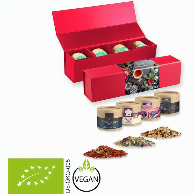 verschiedene Gewürzmischungen Bio und nicht Bio (Kategorie 1), ca. 120-300g, Geschenk-Set Premium rot mit Magnetverschluss und 4 Kraftpapierdosen Mini
