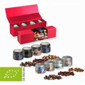 Verschiedene Weihnachts Teesorten, Bio und nicht-Bio, ca. 120-140g, Geschenk-Set Premium rot mit Magnetverschluss und 4 Metalldosen Mini mit Sichtfenste