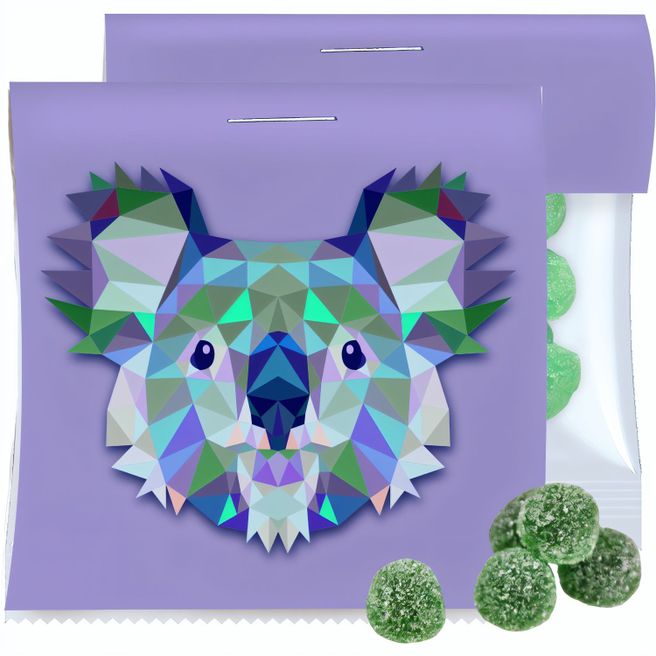 Produktabbildung Eukalyptus Menthol Fruchtgummi mit Gelatine, ca. 30g, Express Maxi-Tüte mit Werbereiter Eukalyptus Menthol Fruchtgummi mit Gelatine, ca. 30g, Express Maxi-Tüte mit Werbereiter