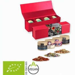 verschiedene Gewürzmischungen Bio und nicht Bio (Kategorie 3), ca. 100-300g, Geschenk-Set Premium rot mit Magnetverschluss und 4 Kraftpapierdosen Mini