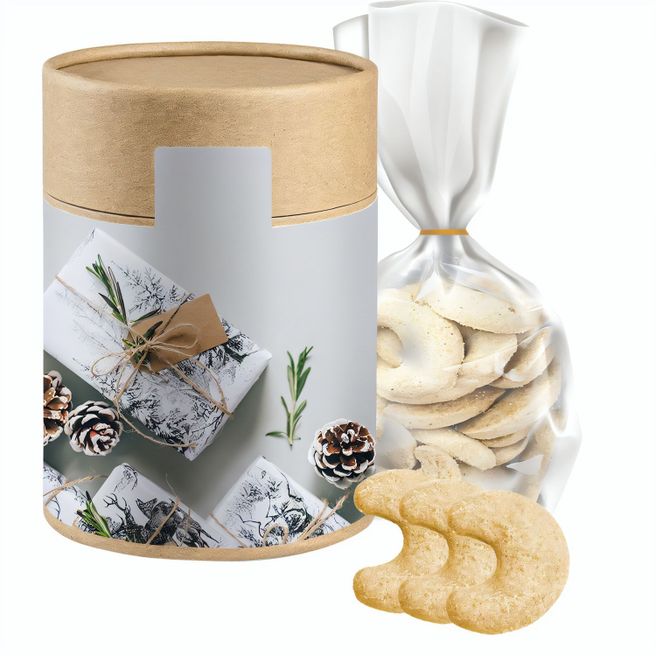 Produktabbildung Vanillekipferl, ca. 100g, Beutel in Kraftpapierdose Maxi Vanillekipferl, ca. 100g, Beutel in Kraftpapierdose Maxi