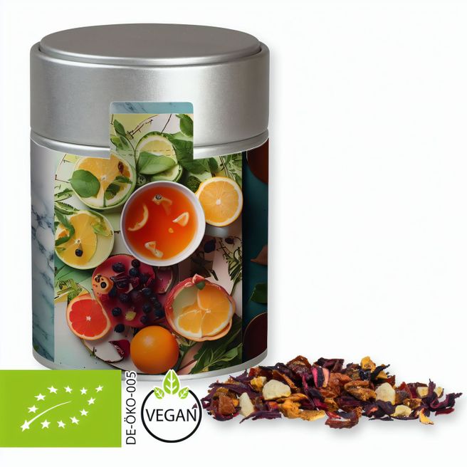 Bio Früchtetee gute Laune, ca. 60g, Metalldose Midi silber