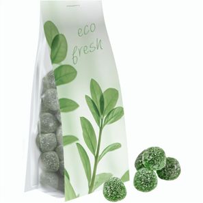 Eukalyptus Menthol Fruchtgummi mit Gelatine, ca. 40g, Express Blockbodenbeutel mit Werbereiter