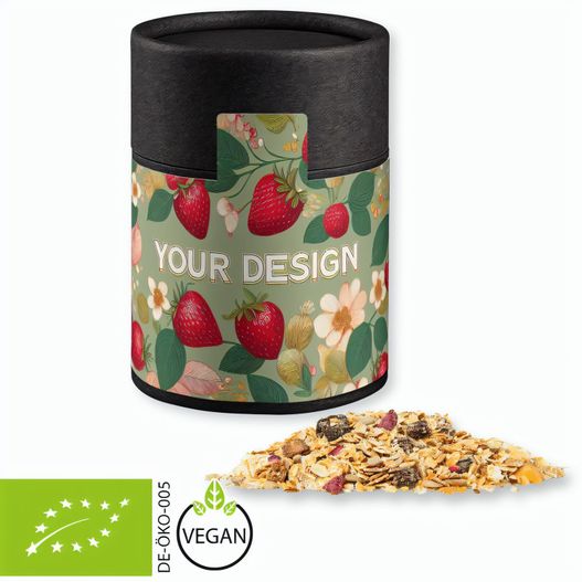 Bio Müsli Erdbeerchen, ca. 60g, Kraftpapierdose Midi schwarz (Bild 1)