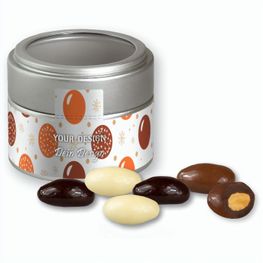 Mandel-Schoko-Trio, ca. 60g, Metalldose Mini mit Sichtfenster silber