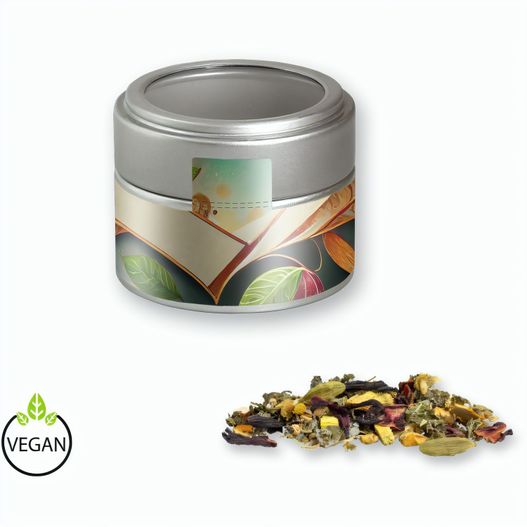 Produktabbildung Ayurveda Relax-Tee, ca. 35g, Metalldose Mini mit Sichtfenster silber Ayurveda Relax-Tee, ca. 35g, Metalldose Mini mit Sichtfenster silber (Bild 1)