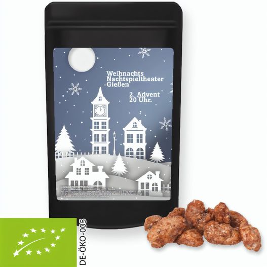 Bio Feuergebrannte Mandeln, ca. 30g, Standbeutel Mini schwarz (Bild 1)