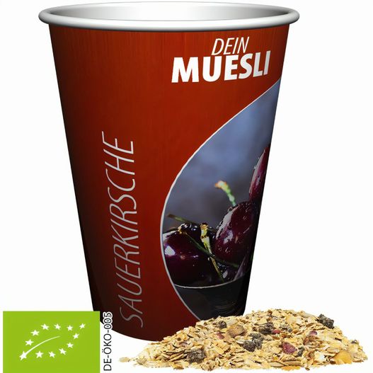 Produktabbildung Bio Müsli Sauerkirsche, ca. 50g, Snackbecher Maxi Bio Müsli Sauerkirsche, ca. 50g, Snackbecher Maxi (Bild 1)