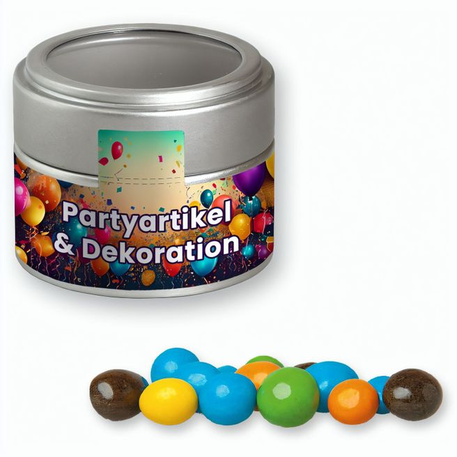 Bunte Schoko Erdnüsse, ca. 70g, Metalldose Mini mit Sichtfenster silber