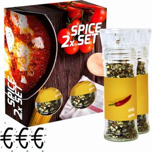 verschiedene Gewürzmischungen Bio und nicht Bio (Kategorie 3), 70-160g, 2er Set Glas mit Kunststoffmahlwerk in Faltschachtel