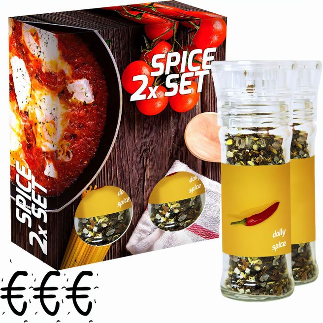 verschiedene Gewürzmischungen Bio und nicht Bio (Kategorie 3), 70-160g, 2er Set Glas mit Kunststoffmahlwerk in Faltschachtel